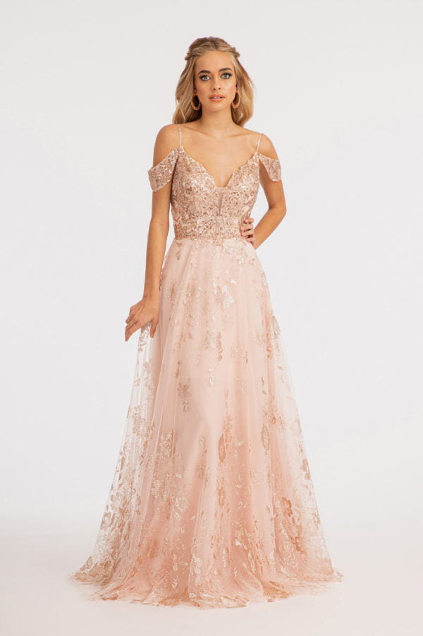 La Merchandise LAS3070 Cold Shoulder Mesh A-line Formal MOB Gown - - Dresses LAS