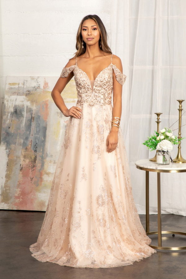 La Merchandise LAS3070 Cold Shoulder Mesh A-line Formal MOB Gown - - Dresses LAS