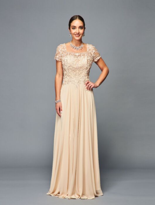 La Merchandise LADK305 Embroidered Short Sleeve Mother Of Bride Gown - CHAMPAGNE - LAD