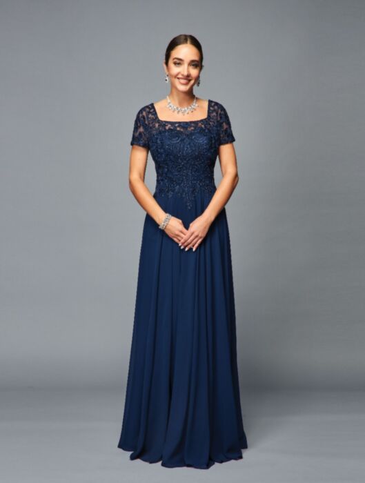 La Merchandise LADK305 Embroidered Short Sleeve Mother Of Bride Gown - NAVY BLUE - LAD