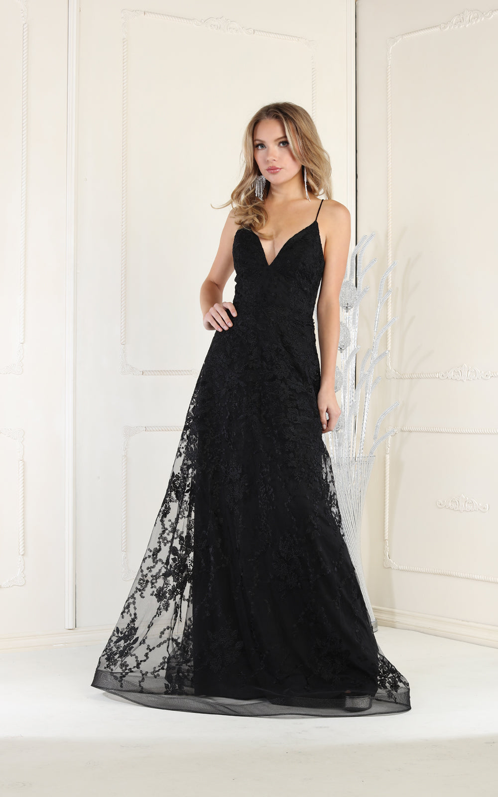 La Merchandise LA1885 Floral Lace Open Back Evening Prom Gown - BLACK - LA Merchandise