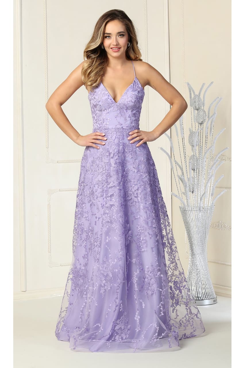 La Merchandise LA1885 Floral Lace Open Back Evening Prom Gown - LILAC - LA Merchandise