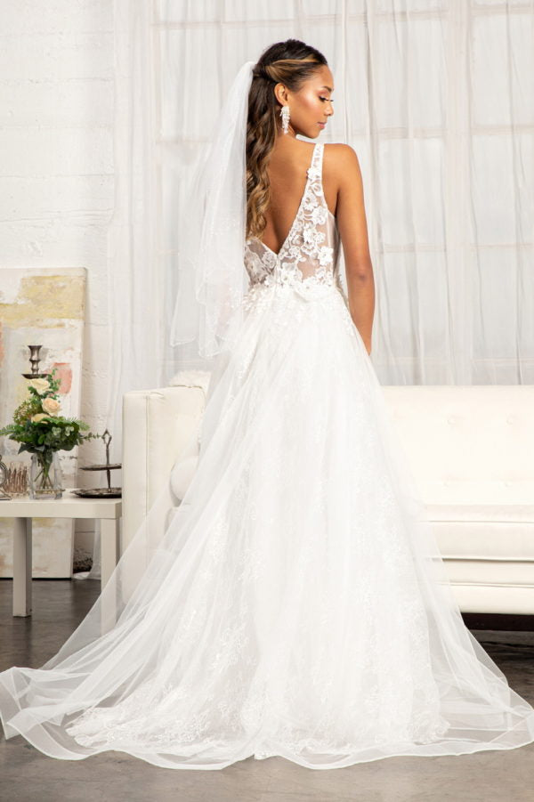 La Merchandise LAS3012B Ivory V-Neck Sleeveless Floral Wedding Dress - - LA Merchandise