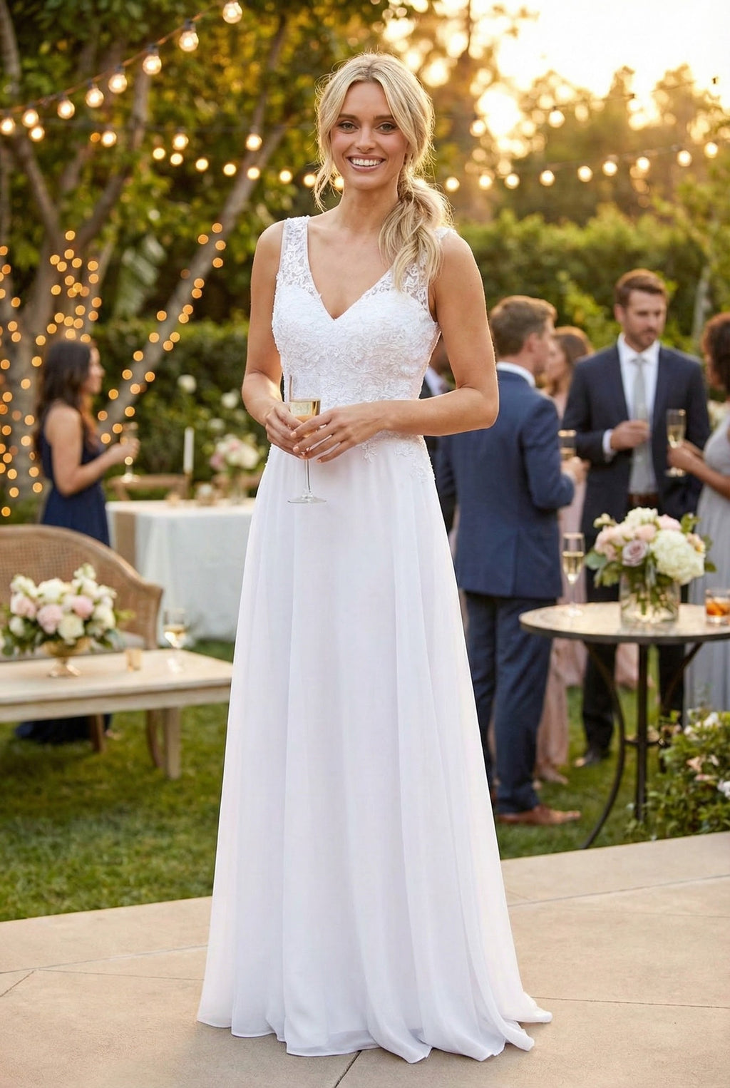 LA Merchandise LAV5233 Sleeveless V-Neck Beaded Bodice Bridal Gown - White - Wedding Dresses LAV