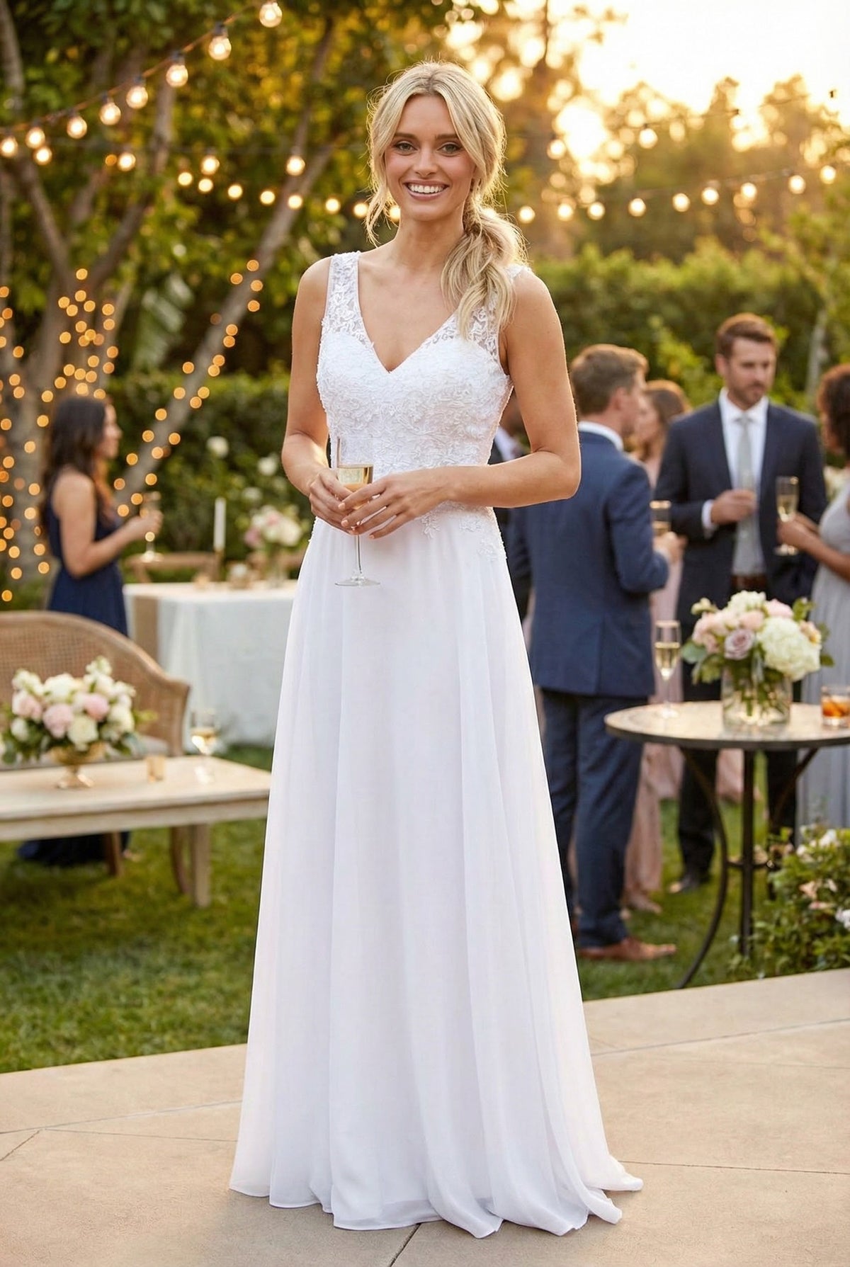 LA Merchandise LAV5233 Sleeveless V-Neck Beaded Bodice Bridal Gown - White - Wedding Dresses LAV