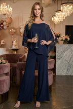 Cape Overlay Stretch Jersey Formal Jumpsuit By LA Merchandise LAV3381 - NAVY - Dress LAV
