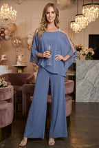 Cape Overlay Stretch Jersey Formal Jumpsuit By LA Merchandise LAV3381 - SLATE BLUE - Dress LAV