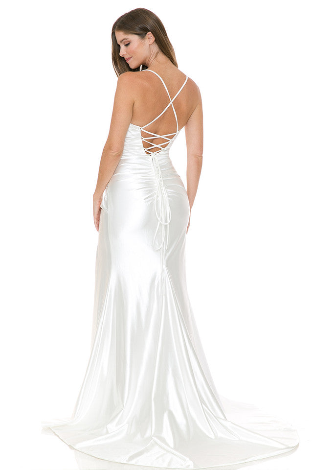 Wholesale Satin Lace-Up Back Gown with Side Slit and Spaghetti Straps Wedding Dress By LAF8158 - - Dress LAF