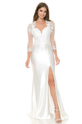 LA Merchandise LAF8175 Beaded Lace Illusion Sleeve Satin Bridal Gown with Slit - IVORY - Dress LAF
