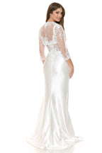 LA Merchandise LAF8175 Beaded Lace Illusion Sleeve Satin Bridal Gown with Slit - - Dress LAF