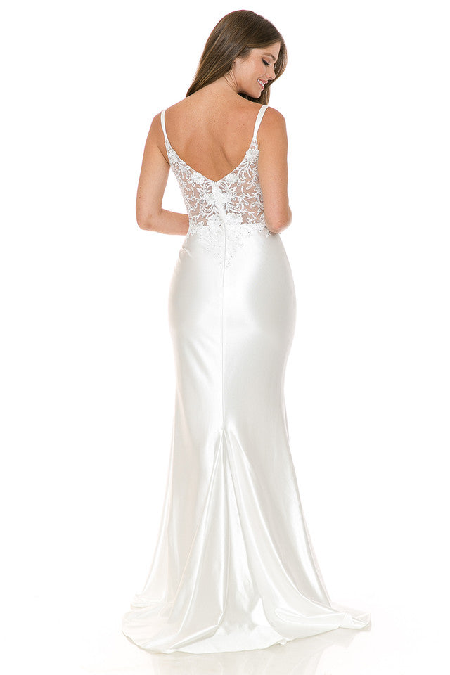 LA Merchandise LAF8175 Beaded Lace Illusion Sleeve Satin Bridal Gown with Slit - - Dress LAF