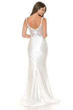 LA Merchandise LAF8175 Beaded Lace Illusion Sleeve Satin Bridal Gown with Slit - - Dress LAF
