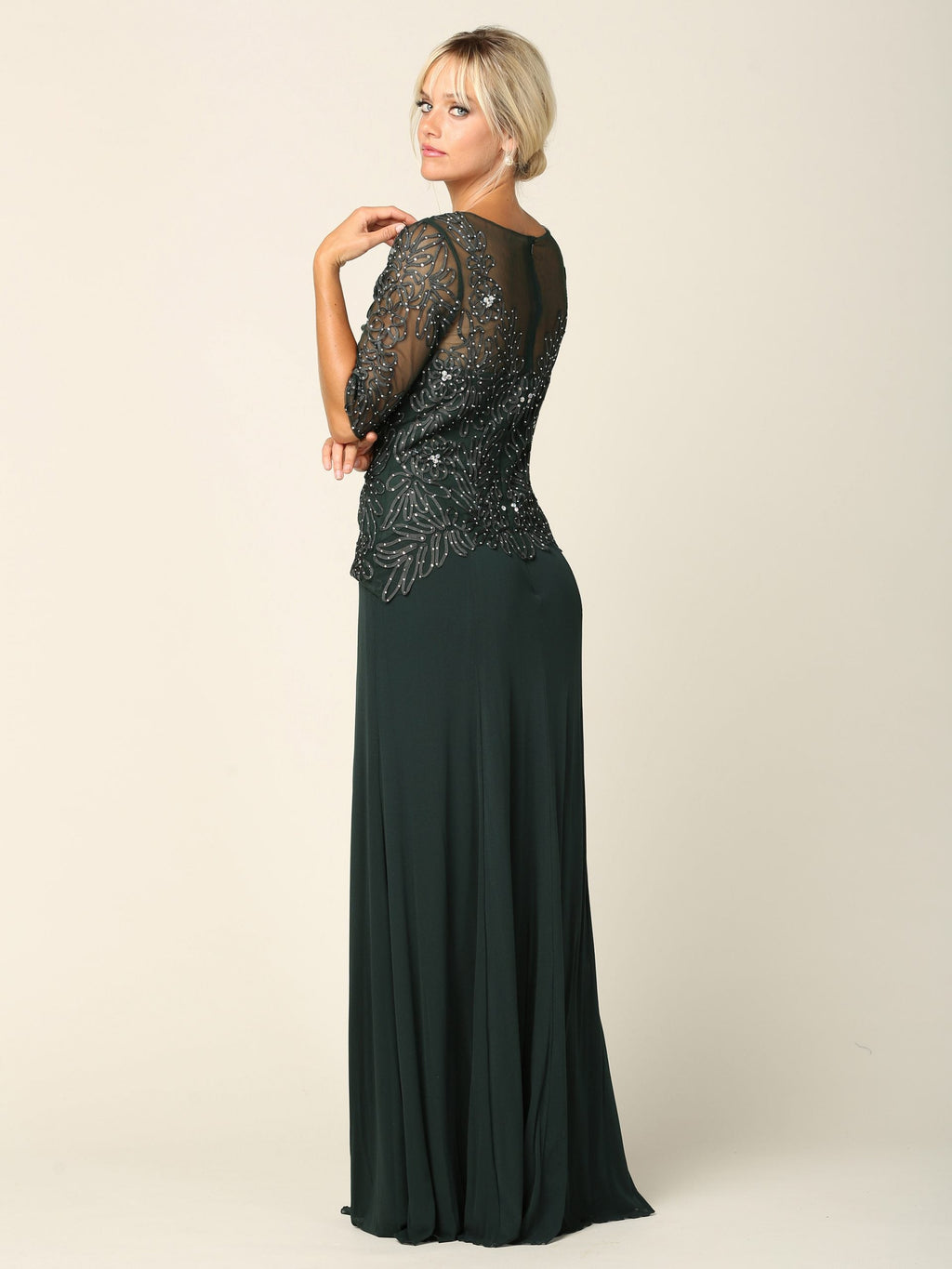 Wholesale Beaded Lace Evening Gown with Illusion Sleeves and Chiffon Skirt by LA Merchandise LAV5222 - - Mother of the Bride Dress LAV