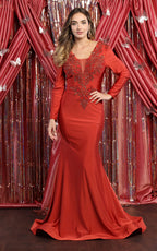 La Merchandise LA1772 Long Sleeve Stretchy Bodycon Evening Gown - RUST - LA Merchandise