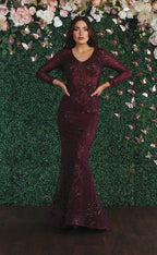 La Merchandise LA1850 Long Sleeve Special Occasion Mermaid Dress - EGGPLANT - LA Merchandise