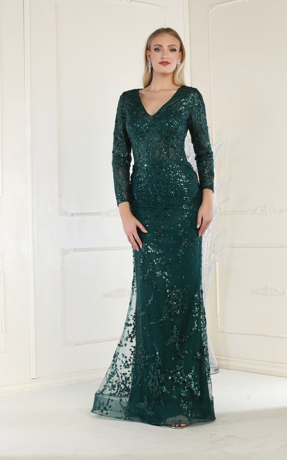 La Merchandise LA1850 Long Sleeve Special Occasion Mermaid Dress - HUNTER GREEN - LA Merchandise