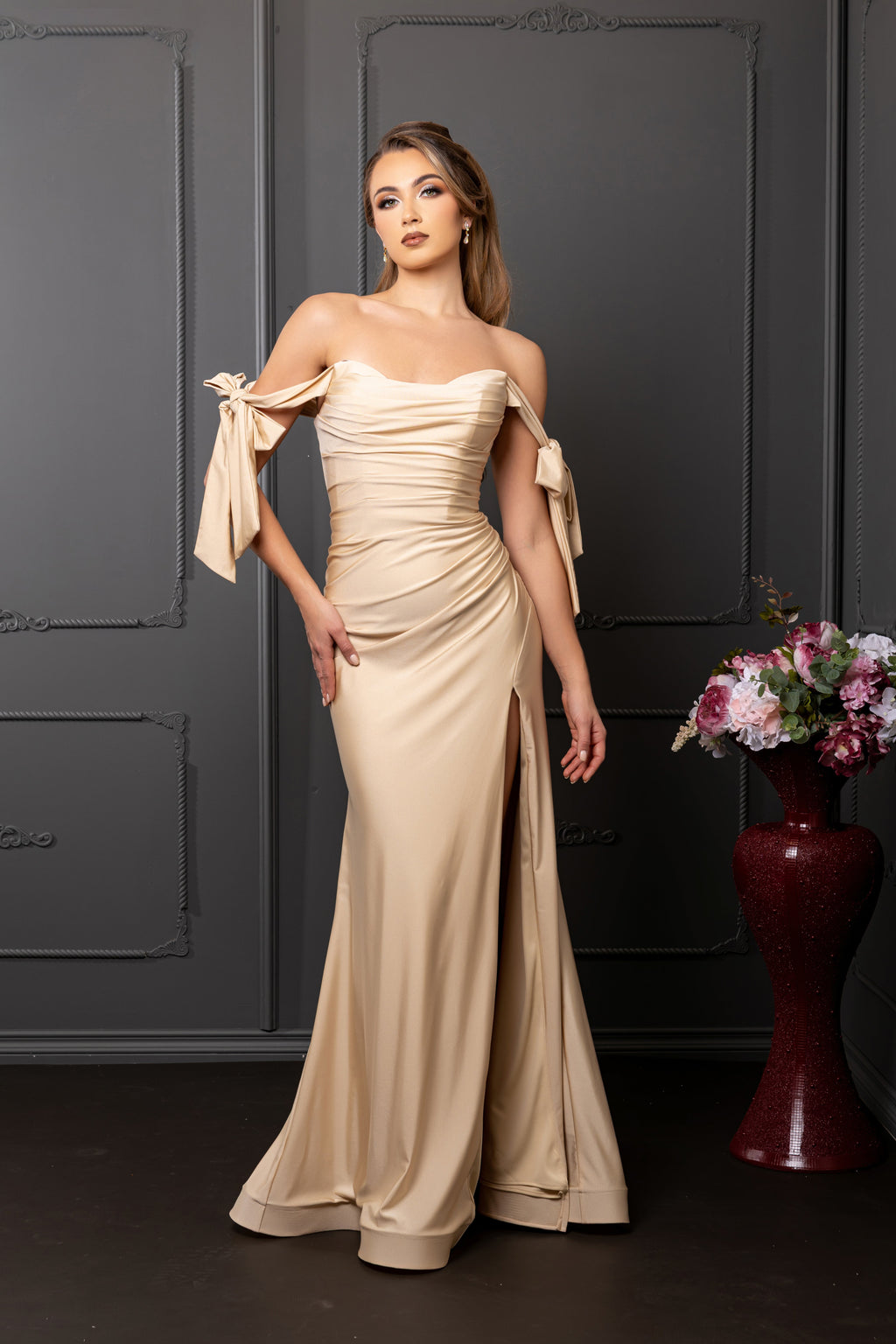 La Merchandise LA1858 Bow Tie Straps Bridesmaids Wholesale Gowns - CHAMPAGNE - LA Merchandise