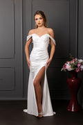 Wholesale Off-Shoulder Ruched Satin Sheath Wedding Dress with High Slit Bridal Gown by LA2138 - Ivory - Wedding Dress LA Merchandise