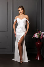 Wholesale Off-Shoulder Ruched Satin Sheath Wedding Dress with High Slit Bridal Gown by LA2138 - Ivory - Wedding Dress LA Merchandise