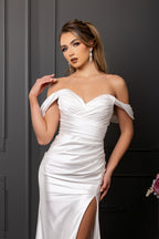 Wholesale Off-Shoulder Ruched Satin Sheath Wedding Dress with High Slit Bridal Gown by LA2138 - - Wedding Dress LA Merchandise