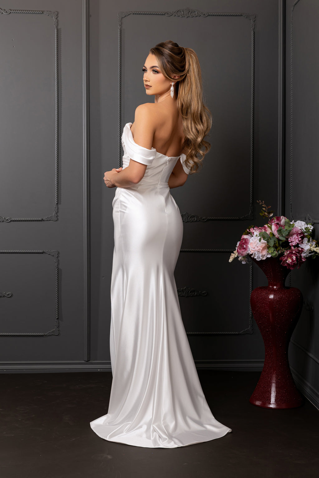 Wholesale Off-Shoulder Ruched Satin Sheath Wedding Dress with High Slit Bridal Gown by LA2138 - - Wedding Dress LA Merchandise