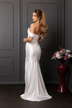Wholesale Off-Shoulder Ruched Satin Sheath Wedding Dress with High Slit Bridal Gown by LA2138 - - Wedding Dress LA Merchandise