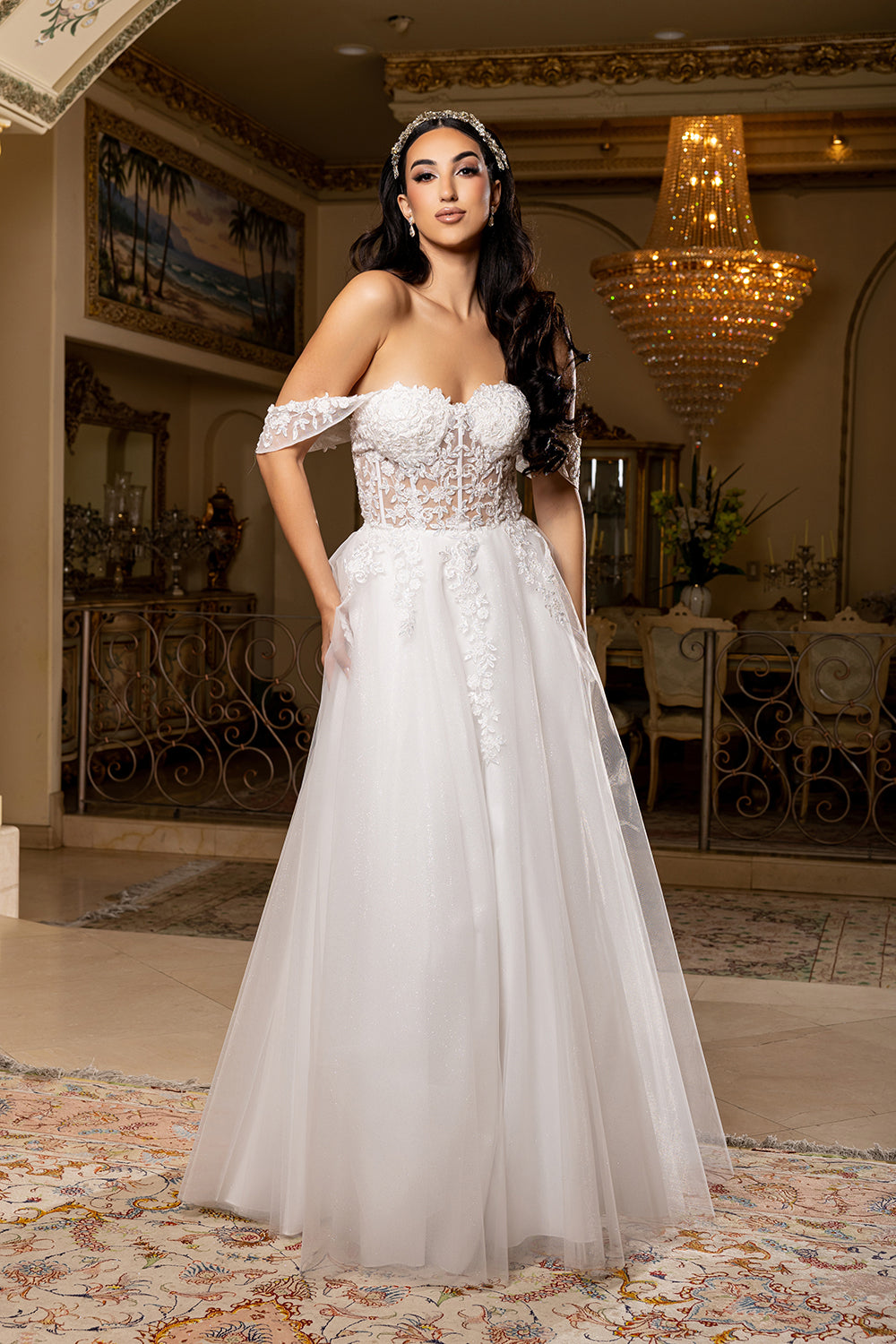 Wholesale Off-Shoulder Wedding Dress with Corset Bodice & A-Line Tulle Skirt Bridal Gown by LA2176 - IVORY - Wedding Dresses LA Merchandise