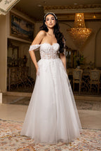Wholesale Off-Shoulder Wedding Dress with Corset Bodice & A-Line Tulle Skirt Bridal Gown by LA2176 - IVORY - Wedding Dresses LA Merchandise