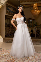 Wholesale Off-Shoulder Wedding Dress with Corset Bodice & A-Line Tulle Skirt Bridal Gown by LA2176 - - Wedding Dresses LA Merchandise