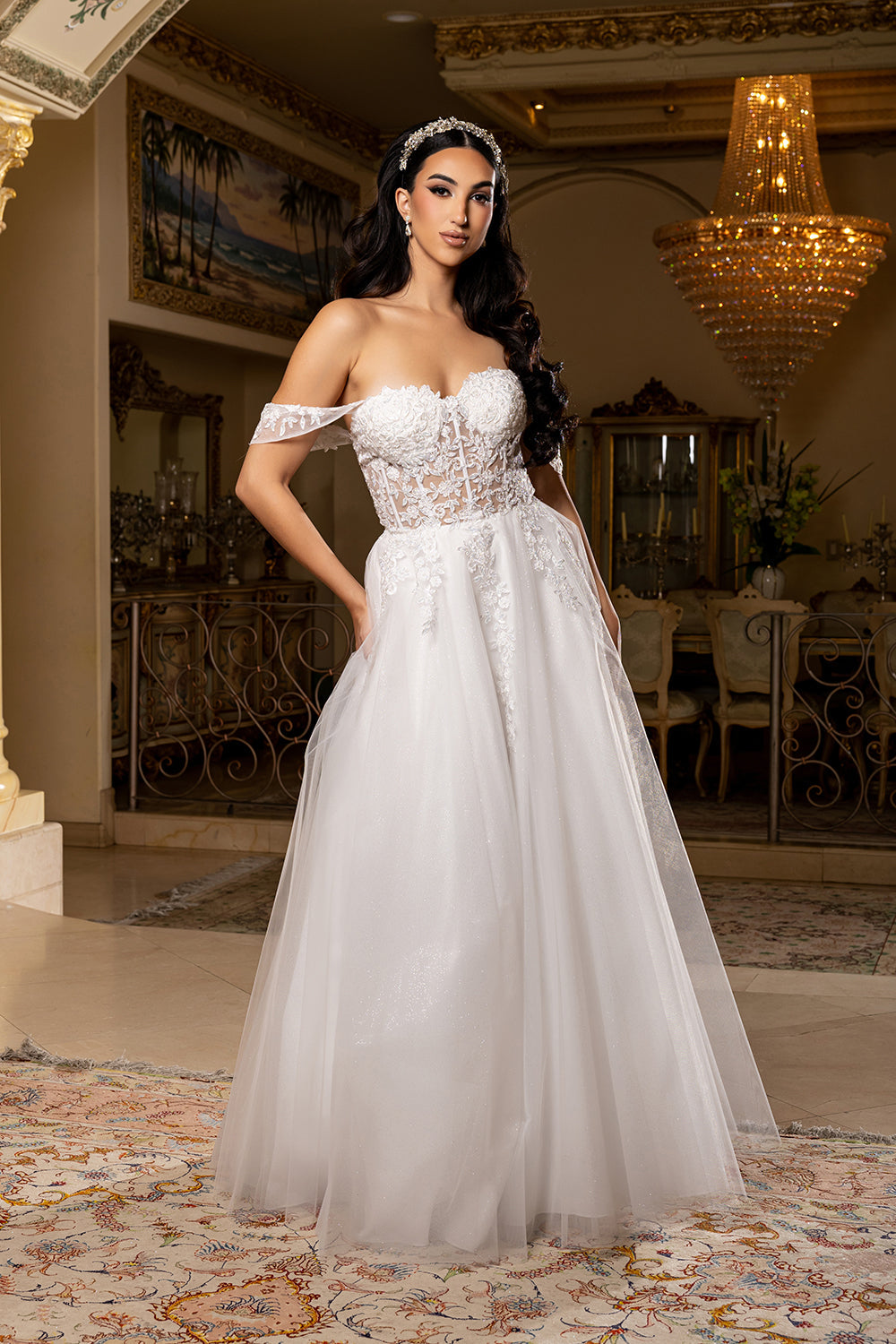 Wholesale Off-Shoulder Wedding Dress with Corset Bodice & A-Line Tulle Skirt Bridal Gown by LA2176 - - Wedding Dresses LA Merchandise