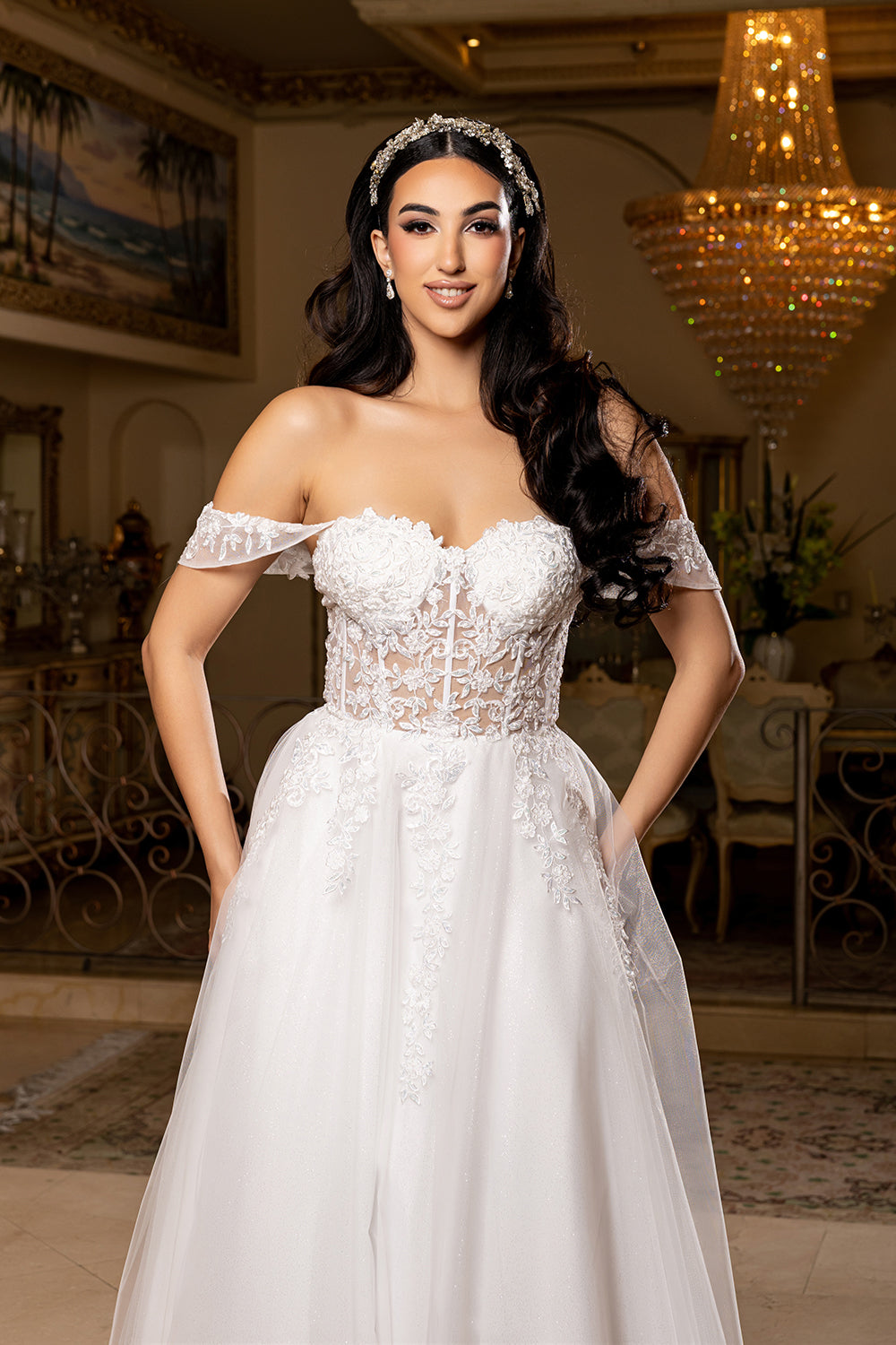 Wholesale Off-Shoulder Wedding Dress with Corset Bodice & A-Line Tulle Skirt Bridal Gown by LA2176 - - Wedding Dresses LA Merchandise
