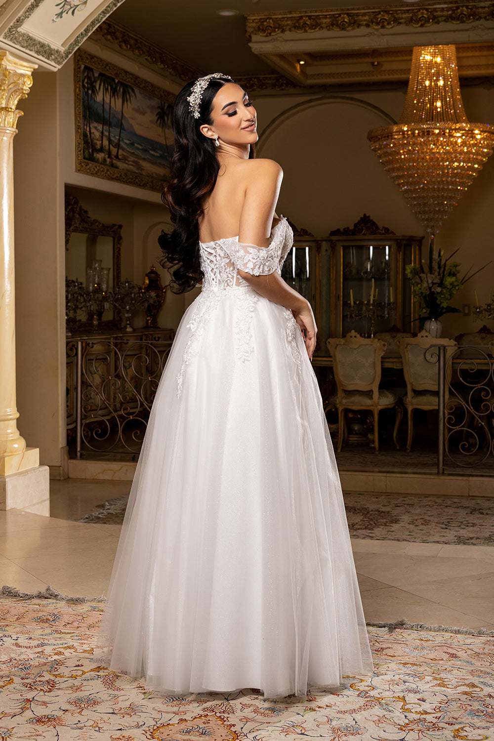 Wholesale Off-Shoulder Wedding Dress with Corset Bodice & A-Line Tulle Skirt Bridal Gown by LA2176 - - Wedding Dresses LA Merchandise