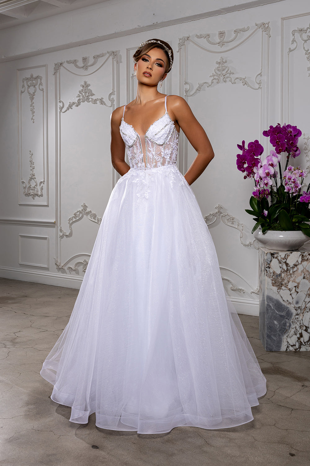 Wholesale Embellished Tulle A-Line Wedding Gown with Illusion Corset Bodice By LA2178 - - Wedding Dresses LA Merchandise