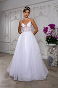 Wholesale Embellished Tulle A-Line Wedding Gown with Illusion Corset Bodice By LA2178 - WHITE - Wedding Dresses LA Merchandise