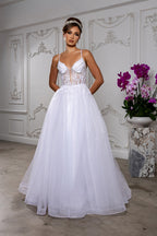 Wholesale Embellished Tulle A-Line Wedding Gown with Illusion Corset Bodice By LA2178 - WHITE - Wedding Dresses LA Merchandise