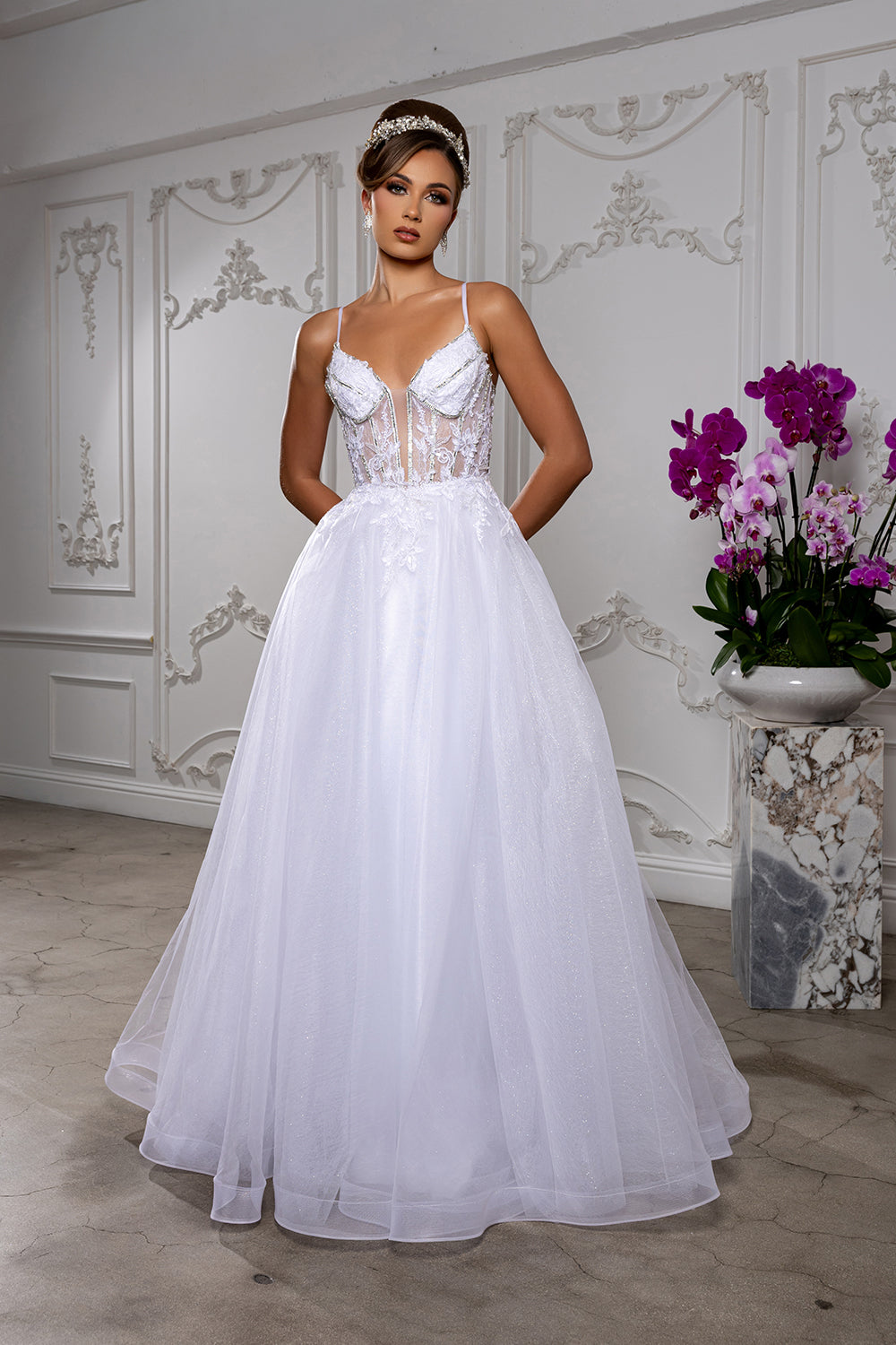 Wholesale Embellished Tulle A-Line Wedding Gown with Illusion Corset Bodice By LA2178 - WHITE - Wedding Dresses LA Merchandise