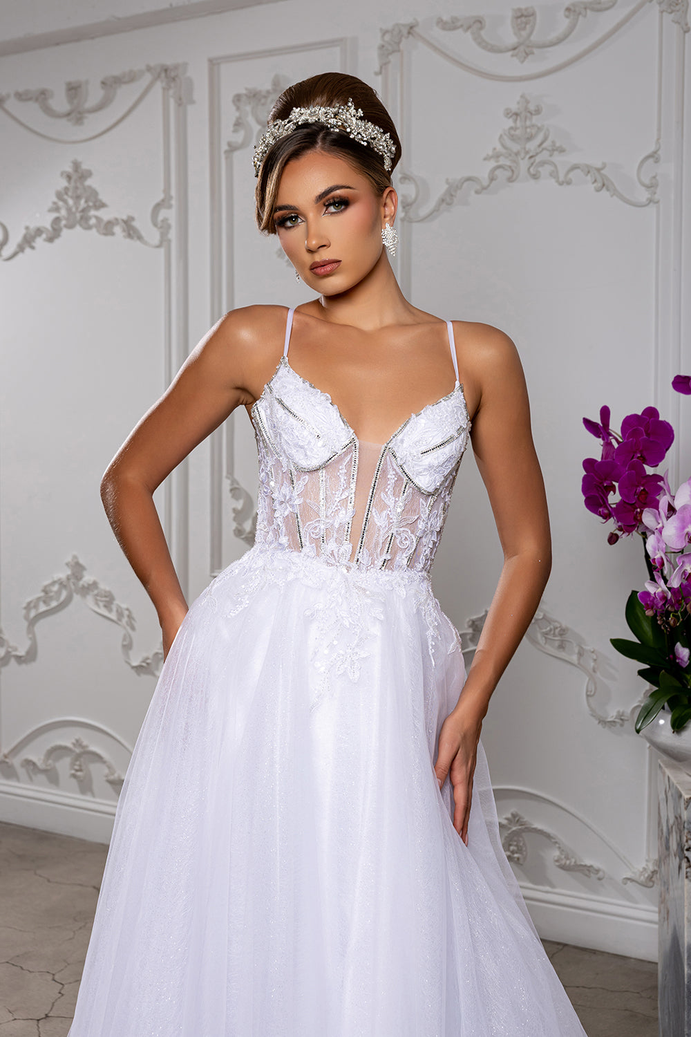 Wholesale Embellished Tulle A-Line Wedding Gown with Illusion Corset Bodice By LA2178 - - Wedding Dresses LA Merchandise