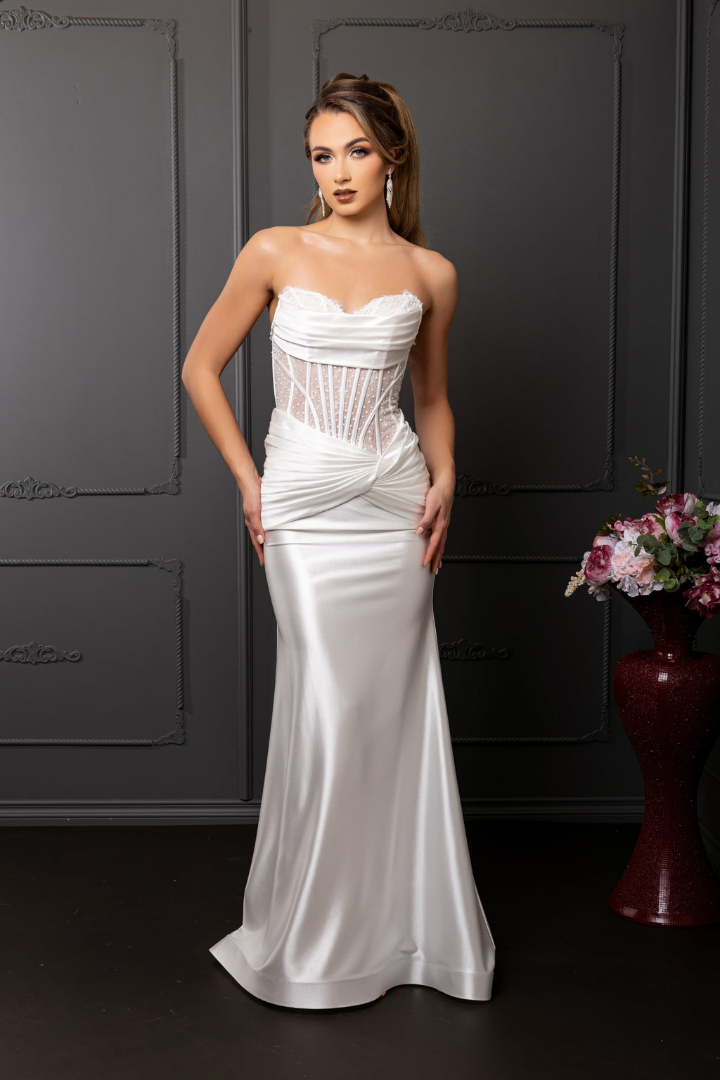 Wholesale Elegant Satin Mermaid Wedding Dress Strapless Lace Corset Bridal Gown by LA2186 - IVORY - Prom Dress LA Merchandise
