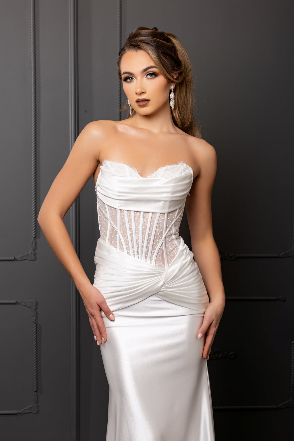 Wholesale Elegant Satin Mermaid Wedding Dress Strapless Lace Corset Bridal Gown by LA2186 - - Prom Dress LA Merchandise