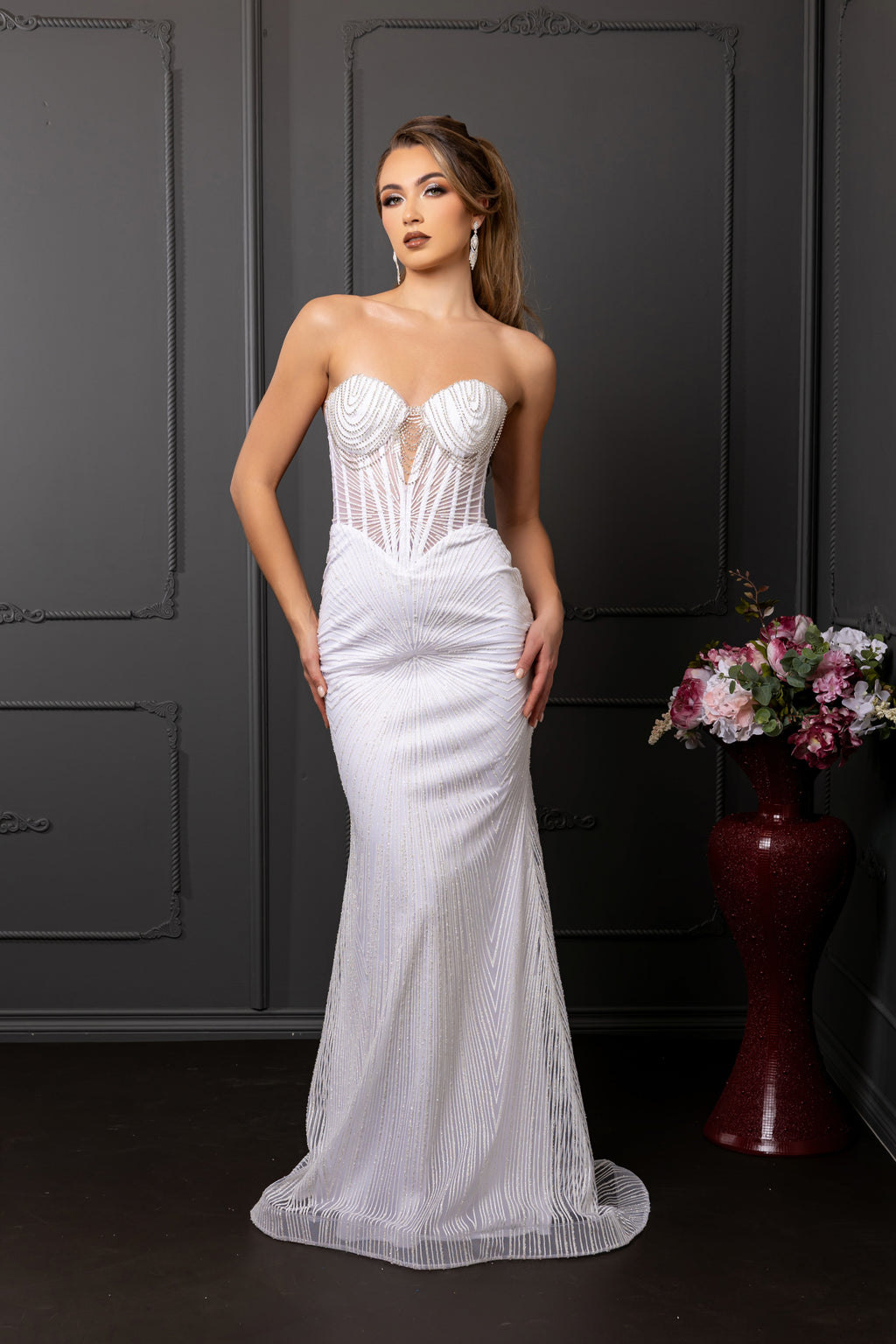 Wholesale Beaded Strapless Sheath Wedding Dress with Corset Bodice & Lace-Up Back by LA2195 - IVORY - Wedding Dress LA Merchandise