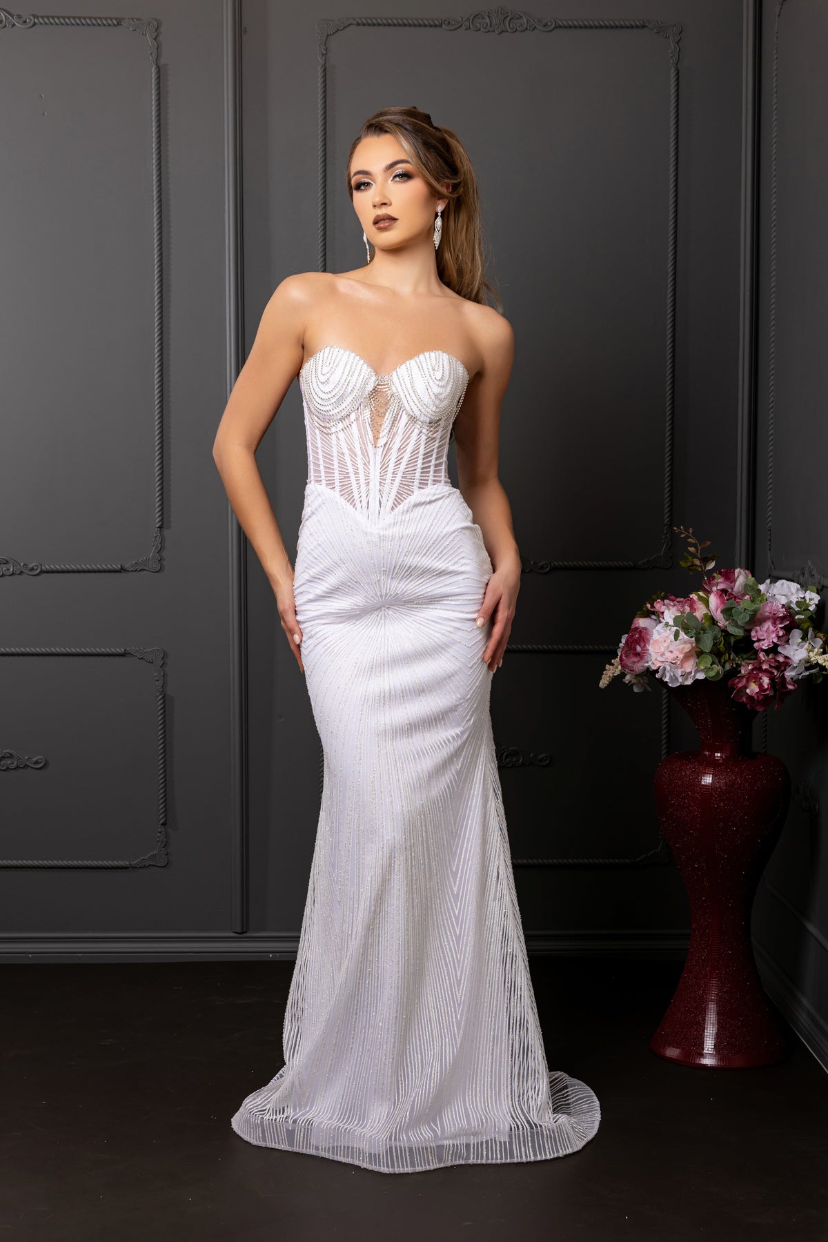 Wholesale Beaded Strapless Sheath Wedding Dress with Corset Bodice & Lace-Up Back by LA2195 - IVORY - Wedding Dress LA Merchandise
