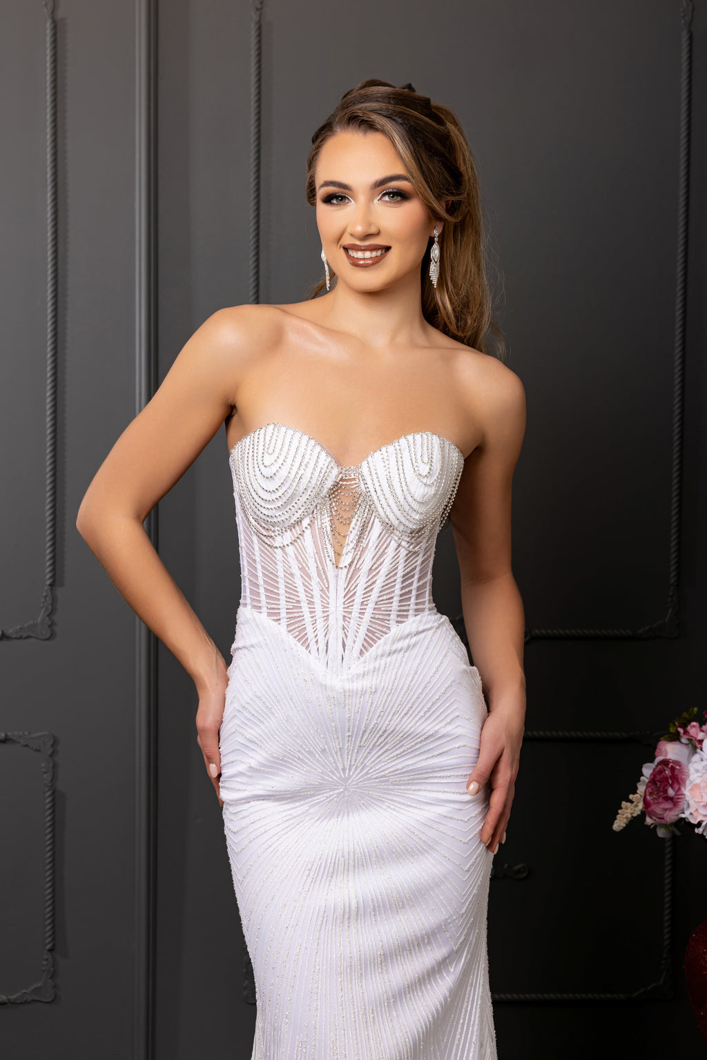 Wholesale Beaded Strapless Sheath Wedding Dress with Corset Bodice & Lace-Up Back by LA2195 - - Wedding Dress LA Merchandise