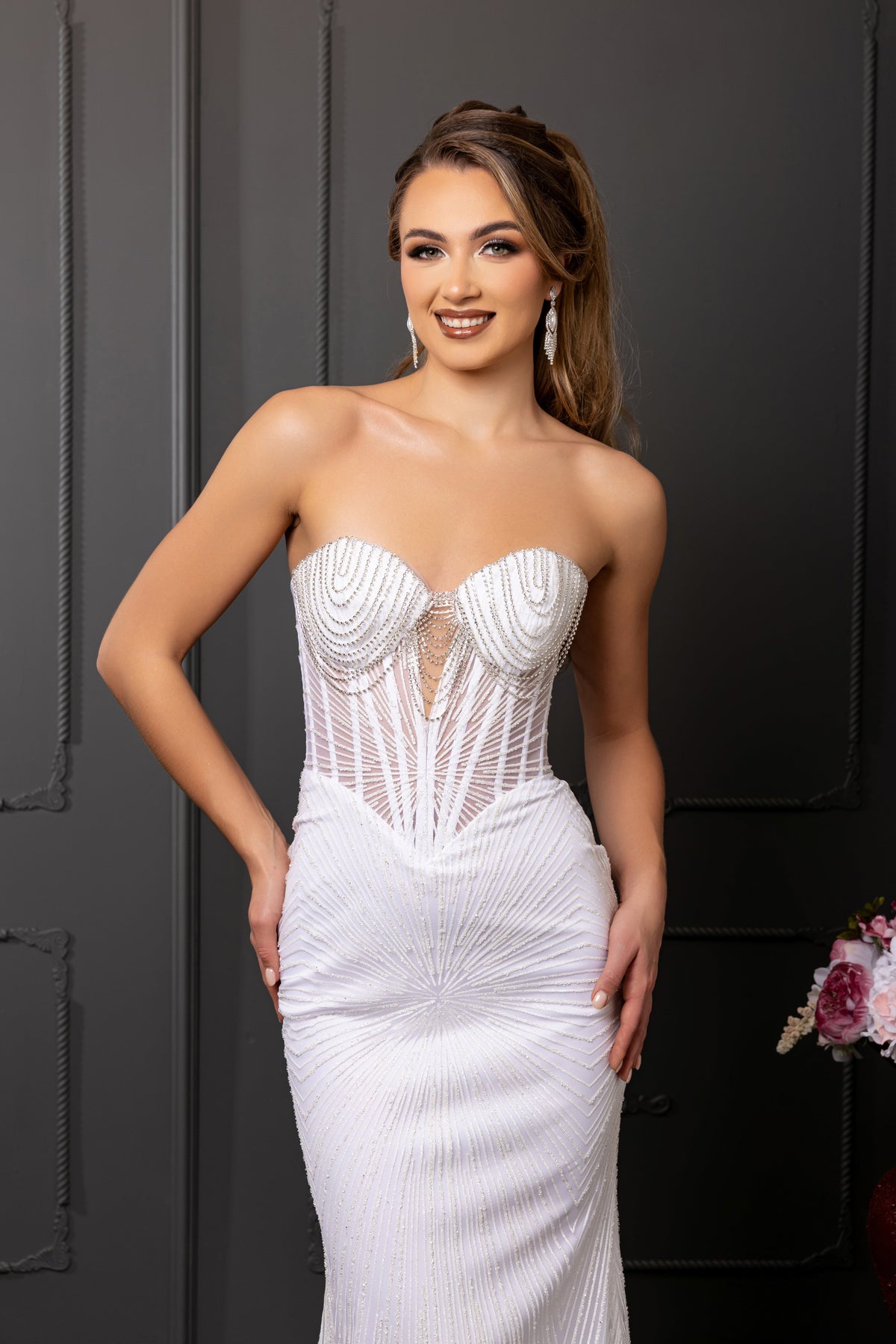Wholesale Beaded Strapless Sheath Wedding Dress with Corset Bodice & Lace-Up Back by LA2195 - - Wedding Dress LA Merchandise