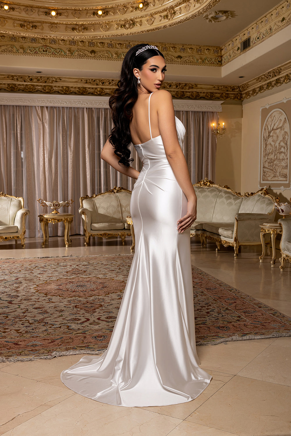 Wholesale Spaghetti Strap Deep V-Neck Ruched Stretch Satin Sheath Bridal Wedding Gown by LA2205 - - Wedding Dress LA Merchandise