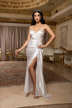 Wholesale Spaghetti Strap Deep V-Neck Ruched Stretch Satin Sheath Bridal Wedding Gown by LA2205 - - Wedding Dress LA Merchandise