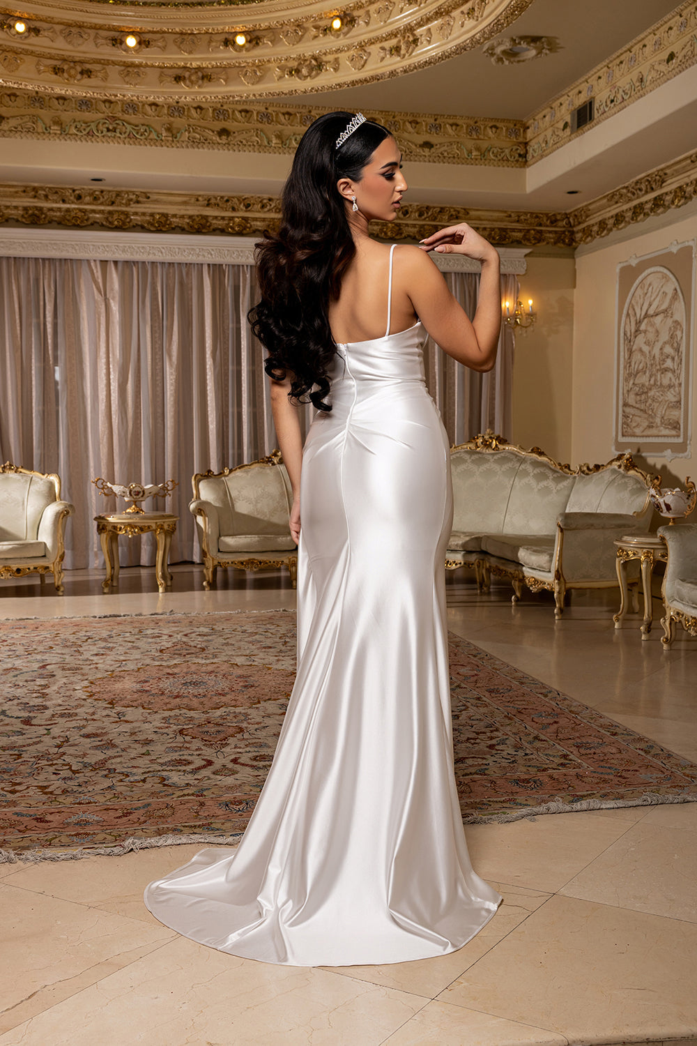 Wholesale Spaghetti Strap Deep V-Neck Ruched Stretch Satin Sheath Bridal Wedding Gown by LA2205 - - Wedding Dress LA Merchandise
