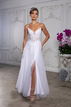 Wholesale Strapless Lace Corset Wedding Dress with Tulle Skirt & High Slit Bridal Gown by LA2208 - WHITE - Wedding Dress LA Merchandise