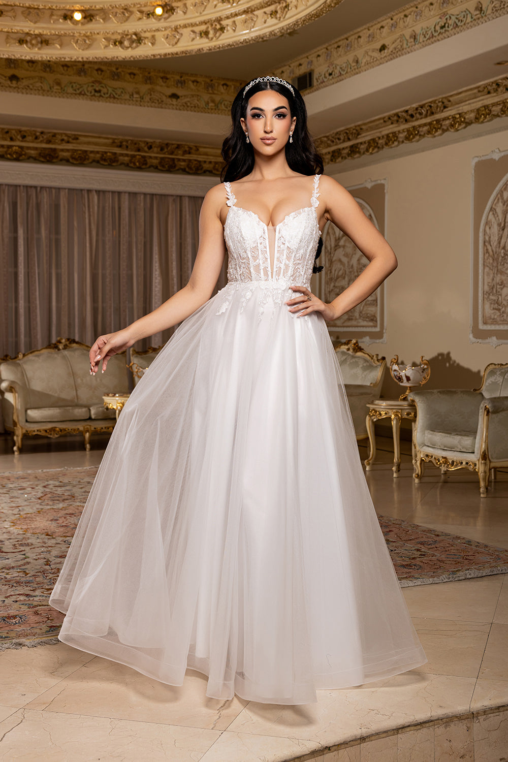 Wholesale A-Line Lace Bodice Bridal Gown with Tulle Skirt Spaghetti Straps Wedding Dress by LA2212 - - Wedding Dress LA Merchandise