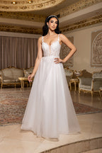 Wholesale A-Line Lace Bodice Bridal Gown with Tulle Skirt Spaghetti Straps Wedding Dress by LA2212 - IVORY - Wedding Dress LA Merchandise