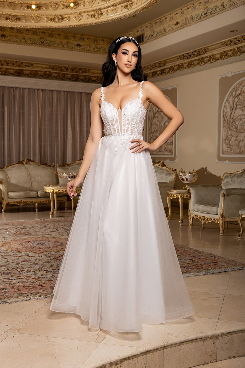 Wholesale A-Line Lace Bodice Bridal Gown with Tulle Skirt Spaghetti Straps Wedding Dress by LA2212 - IVORY - Wedding Dress LA Merchandise